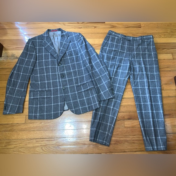 Isaia Plaid Cashmere Wool Grey Suit Windowpane Size 50 Drop 8R Base Marechiaro - Picture 3 of 12